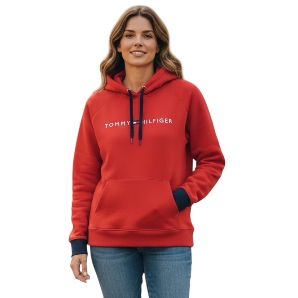 Tommy Hilfiger Bold Red Hoodie Sweatshirt Sz XL Youth, but Small Women's